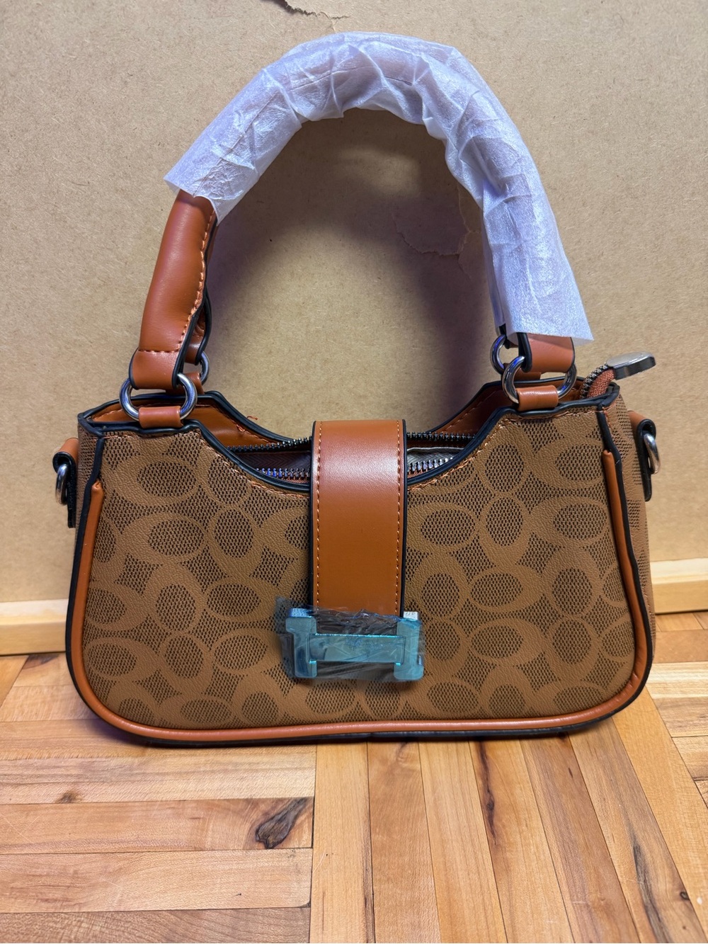 Amazon Brown Signature-Print Shoulder Bag with Tan Trim